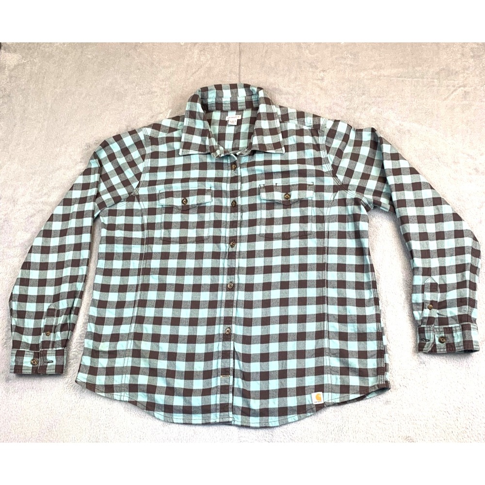 Carhartt Women's XL‎ (16/18) Plaid Button-Up Long Sleeve Shirt Blue Brown